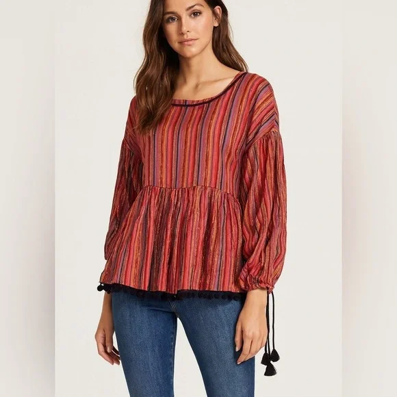 Amaryllis Metallic Stripe Pom Pom Boho Peasant Blouse Size Small - Picture 2 of 9